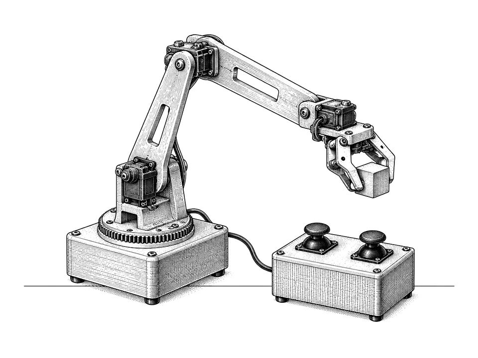 Drawing of the 4-axis robotic arm picking up a cube, beside its joystick control box