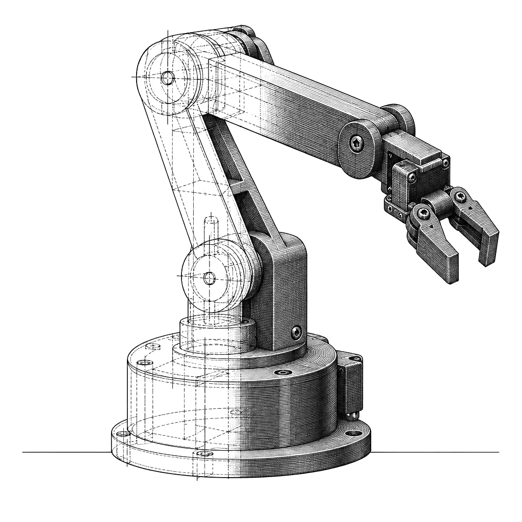 A robotic arm drawn half as a see-through CAD wireframe and half as the solid printed part.