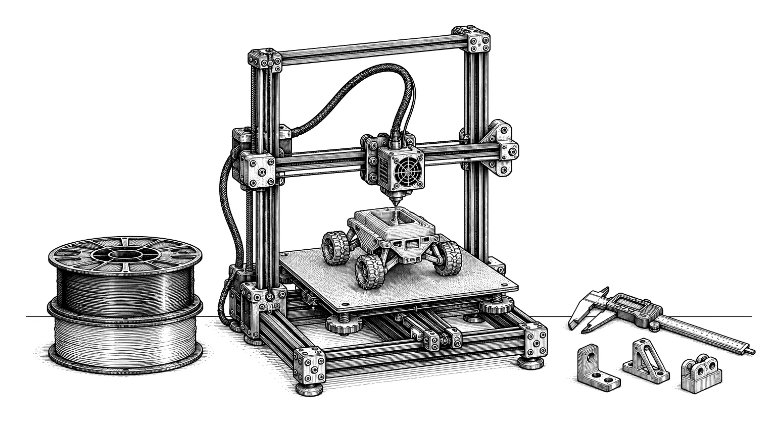 Pen-and-ink drawing of a desktop 3D printer in the middle of a print.