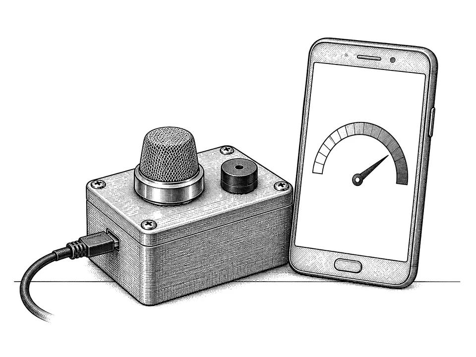 Drawing of the LPG gas leak detector in its printed enclosure, beside a phone showing the gauge