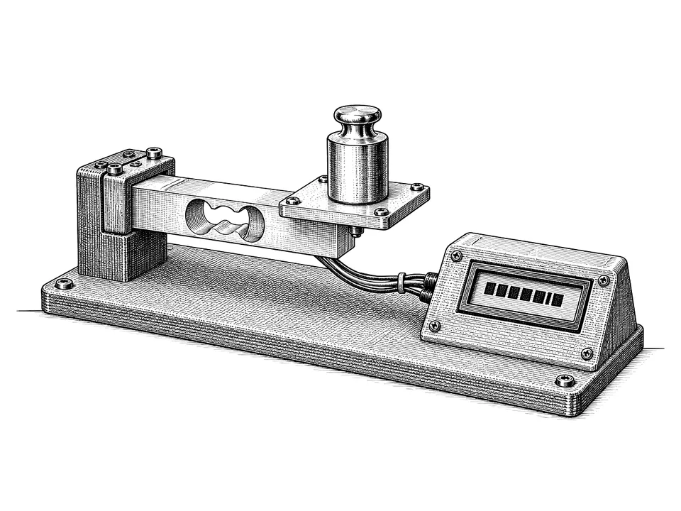 Drawing of the load cell test rig with a calibration weight on its platform and the LCD box