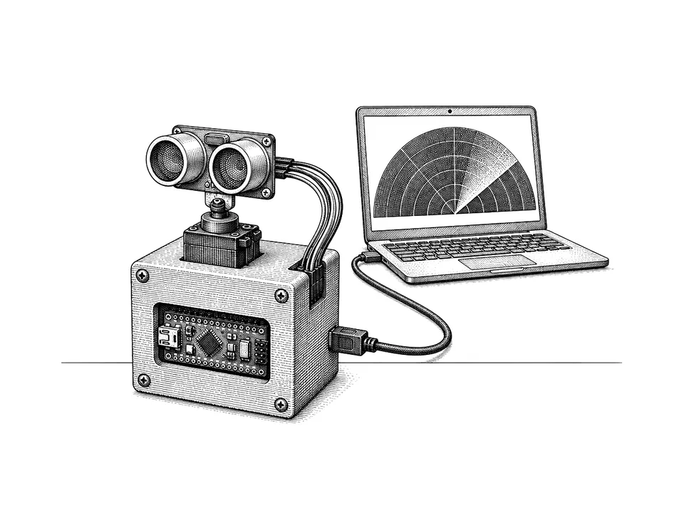Drawing of the ultrasonic radar scanner wired to a laptop showing a radar sweep