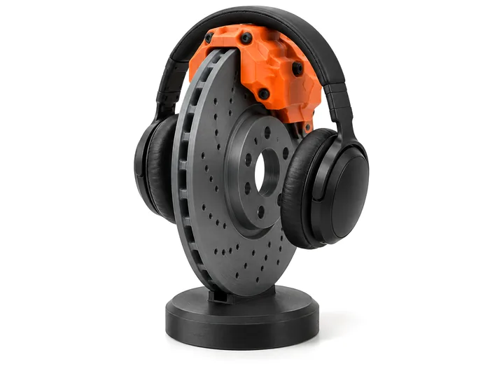 Brake-caliper headphone stand with headphones on it