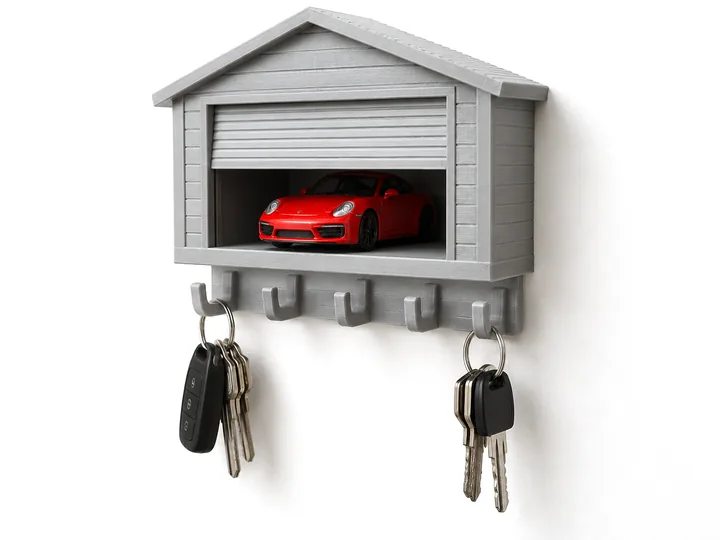 Garage key holder with a red toy car inside and keys on the hooks