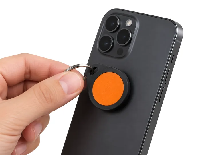 NFC keychain tapped against the back of a phone