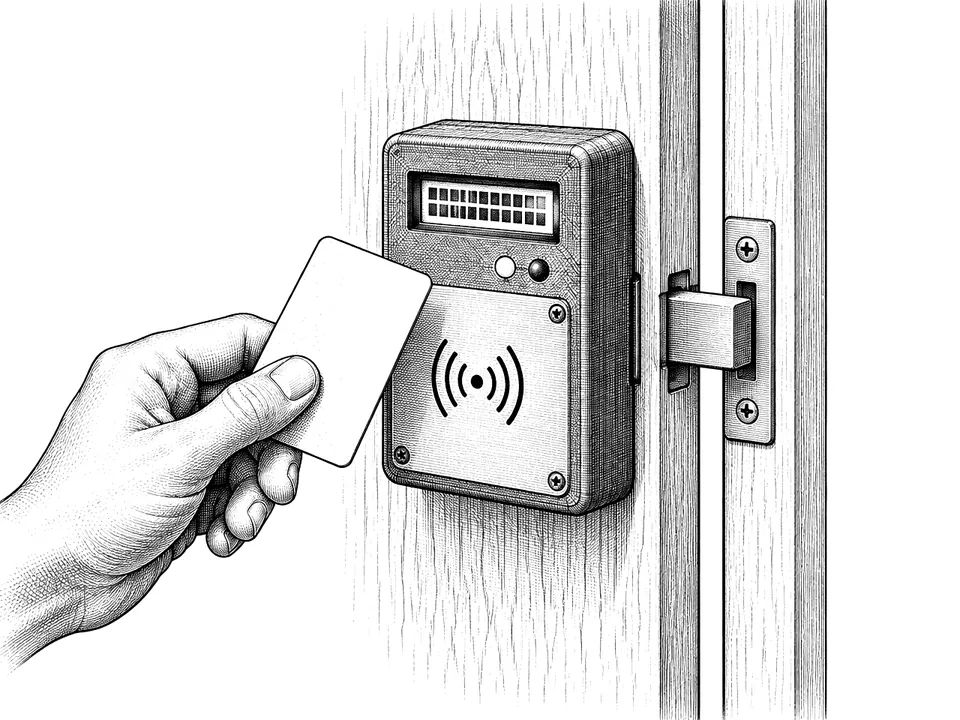 Drawing of the RFID door lock on a door edge, a hand holding a card to the reader