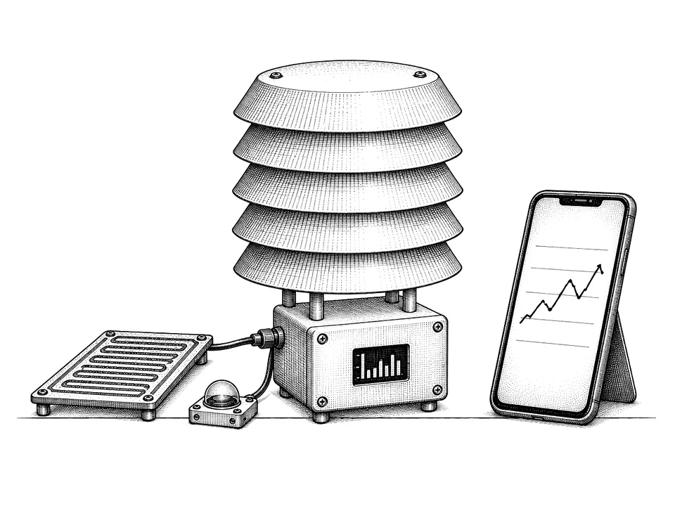 Drawing of the weather station's louvred shield on its base box, with rain and light sensors and a phone chart